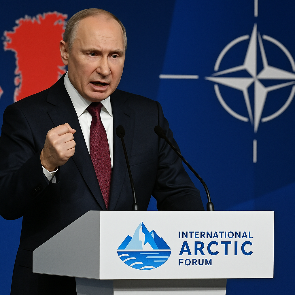 President Vladimir Putin speaks at a podium during the International Arctic Forum, with a backdrop showing the Arctic Circle, Greenland, and a translucent NATO symbol. He appears serious and assertive, emphasizing Russia’s stance on Arctic geopolitics. The setting reflects tension and strategic importance, with visual cues of icebreakers, oil rigs, and military silhouettes faintly layered into the background.