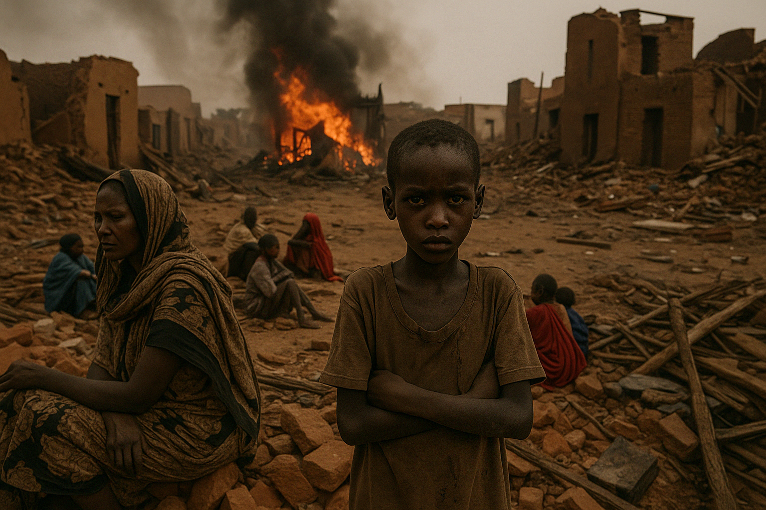 A young Sudanese boy stands solemnly amidst rubble and burning buildings, with displaced civilians in the background, capturing the devastation of Sudan’s ongoing civil war.