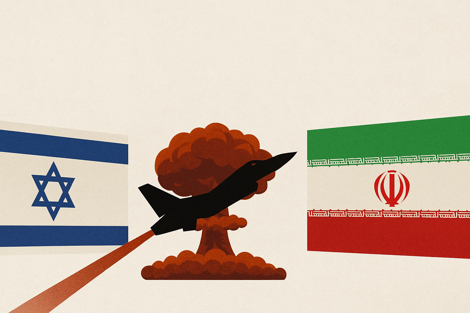 Illustration depicting rising tensions between Israel and Iran, featuring the Israeli and Iranian flags on either side, a military jet crossing a mushroom cloud in the centre, symbolising the looming threat of a strike on nuclear facilities.